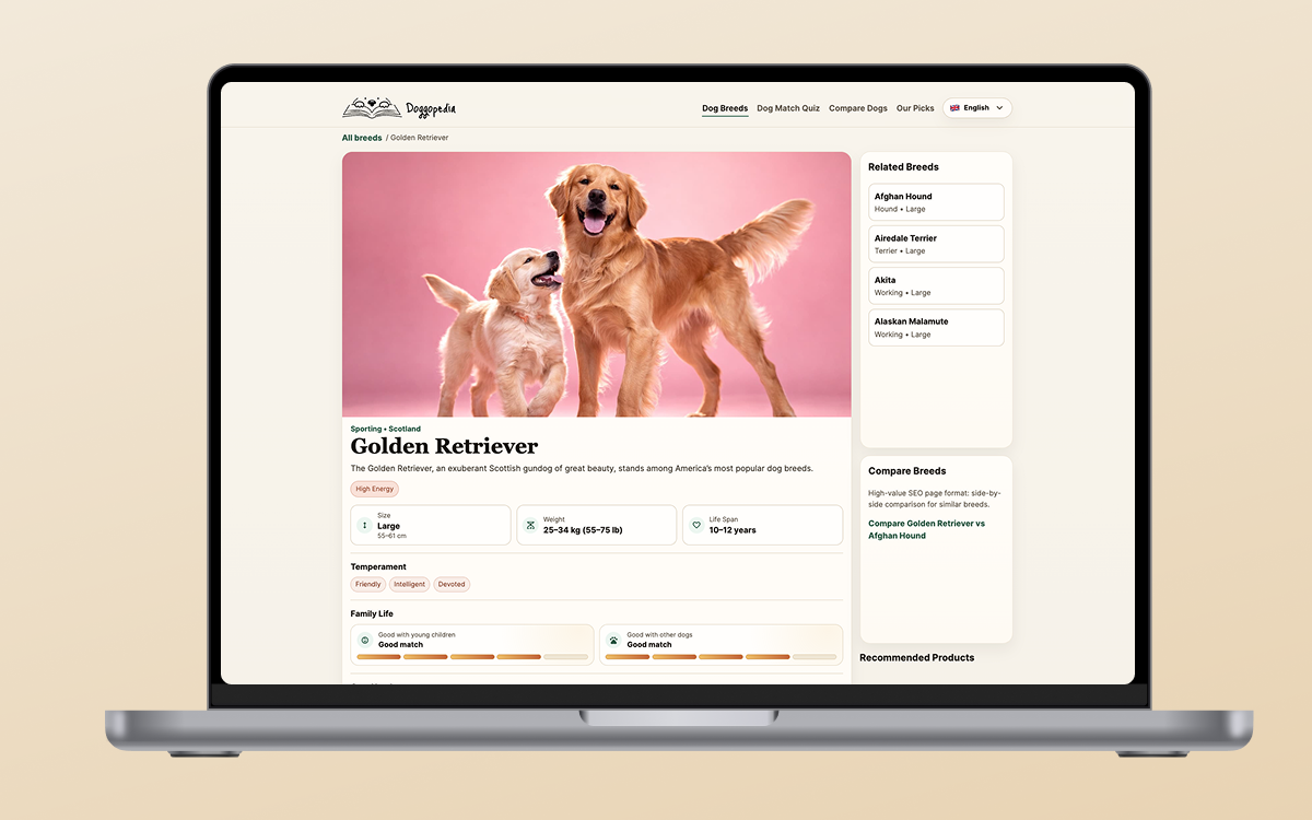 Doggopedia breed detail page on a laptop