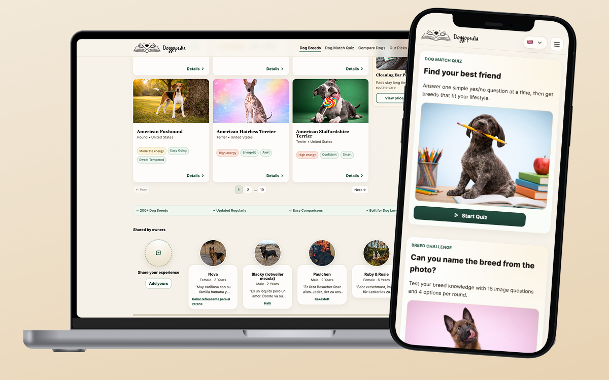 Doggopedia dog breed directory and quiz experience on laptop and phone