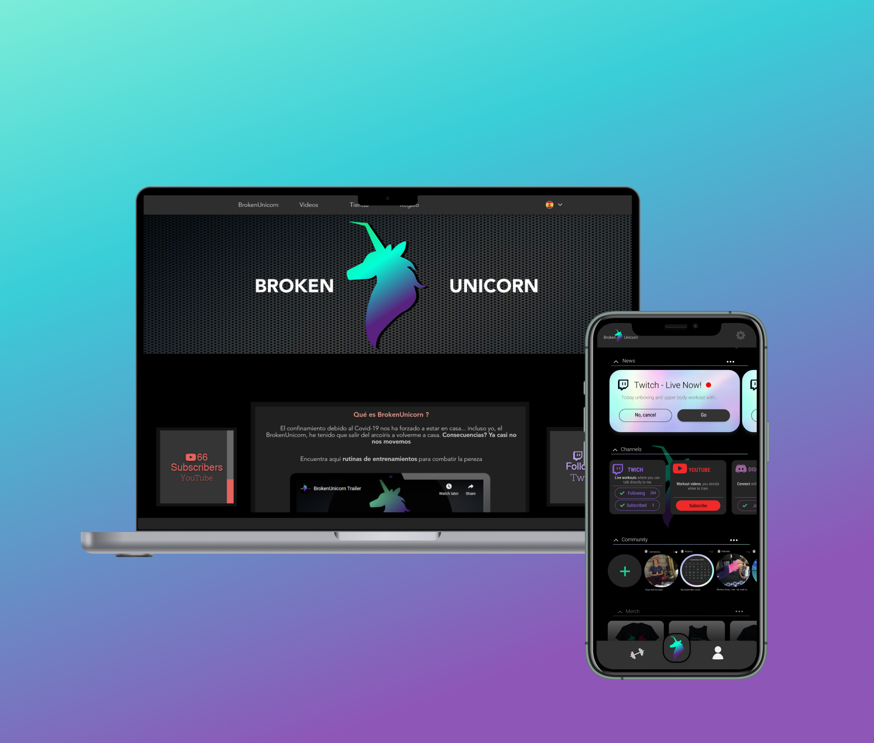 Fitness product website and mobile app mockups for Broken Unicorn