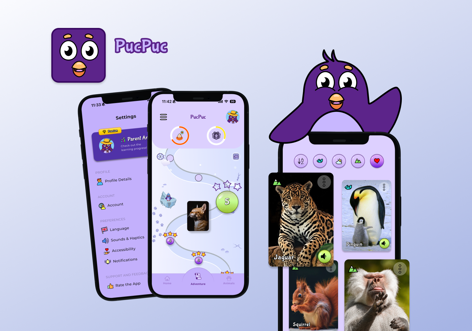 PucPuc mobile app screens with playful animal learning visuals